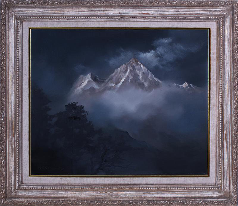 Mitsuzo Shimizu (1905-1986) Japan California: MISTY MOUNTAIN, oil painting on canvas, signed lower left, 20 x 24”, frame 27 ½ x 31 ½”.