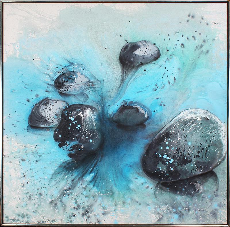 Jan Stussy (1921-1990) California: MEMORIES OF RYOSNJI IN THE RAIN, oil painting on canvas, signed lower right, 48 ¾ x 48 ¾” including frame. Provenance: Adelle Bednarz Galleries, Los Angeles.