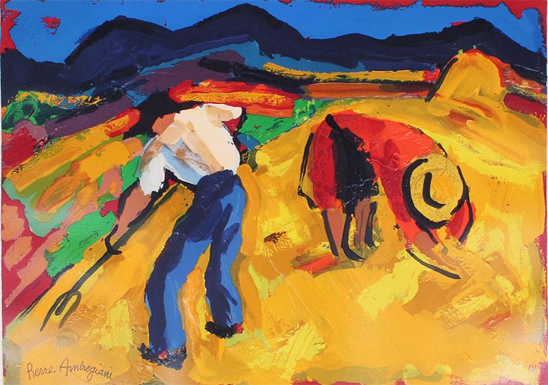 Pierre Ambrogiani (1907-1985) French: TOSSING HAY, color lithograph with embossing on Arches paper, signed lower right and numbered 116/350 in pencil, image 13 ¼ x 19 ¾”, sheet 21 ½ x 29”.