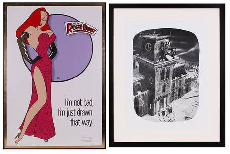 Roger Rabbit movie poster  &  Addams Family  (two): Who Framed Roger Rabbit?, style E, color poster with gold foil, designed by Dayna Stedry, frame 41 &frac14; x 27 &frac14;&rdquo; with glass; CHARLES ADDAMS Addams Family illustration for the New Yorke