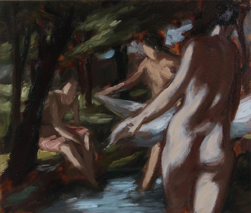 Artist Unidentified (20 th Century): BATHERS, 1967, oil painting on paper or board, sight 12 ¼ x 14 ¼”, frame 19 x 21 ¼” with glass, label with name K. Amass and date on verso of frame.