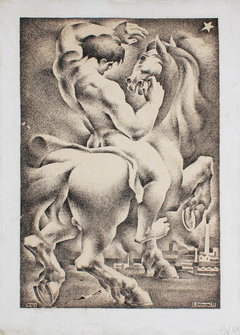 Santos Balmori (1899-1992) Mexican: NUDE MAN ON HORSEBACK, 1929, ink drawing on card, signed and dated lower right, inscribed â€œSantos Balmori Picasso 15 rue Pascal, Paris 5” on verso, image 15 ¼ x 9 ¾”, c