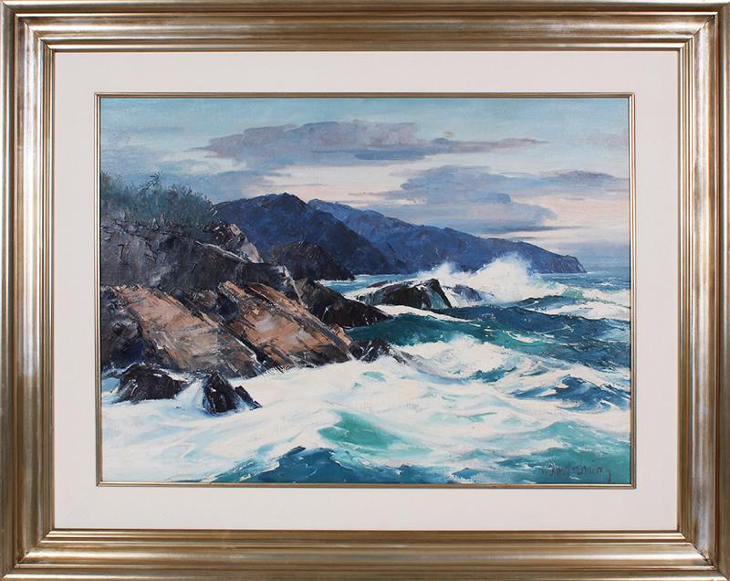 Bennett Bradbury (1914-1991) California Massachusetts: ROCKY SHORE, oil painting on canvas, signed lower right, 22 ½ x 30”, frame 32 x 39 ½ x 2”.
