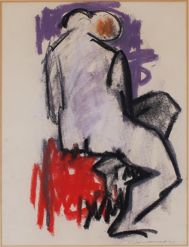 Hans Burkhardt (1904-1994) Swiss: BACKSIDE NUDE WITH PURPLE BACKGROUND, 1965, color pastel on paper, signed and dated lower right, sight 23 x 17 ¾”, non-archival disposable frame 31 ½ x 25 ½” with glas