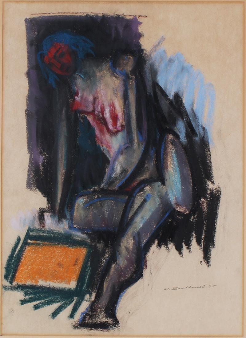 Hans Burkhardt (1904-1994) Swiss: NUDE WITH RED FACE, 1965, color pastel on paper, signed and dated lower right, sight 23 x 17”, non-archival disposable frame 31 x 24” with glass.