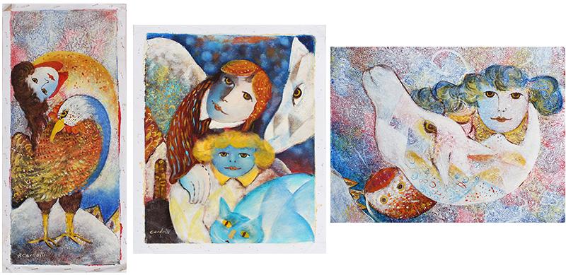 Raimondo Cardelli (1938-2008) Italian (three): ROOSTER; CHILDREN WITH BLUE CAT; SOLI, two oil paintings on unstretched canvas and one on board, canvas images 19 ¼ x 7 ¾” & 11 ¾ x 9 ½”, board 9 ¾ x 11 