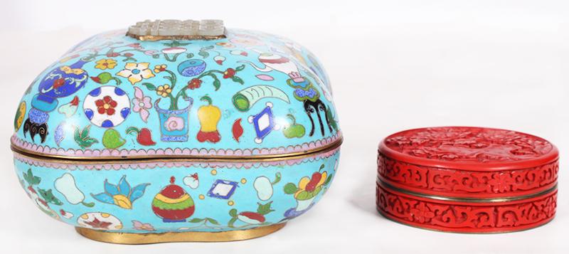 Early 20 th  Century Chinese Cloisonne Box with jade insert & Red Lacquer Cinnabar Trinket Box (1 of 10)