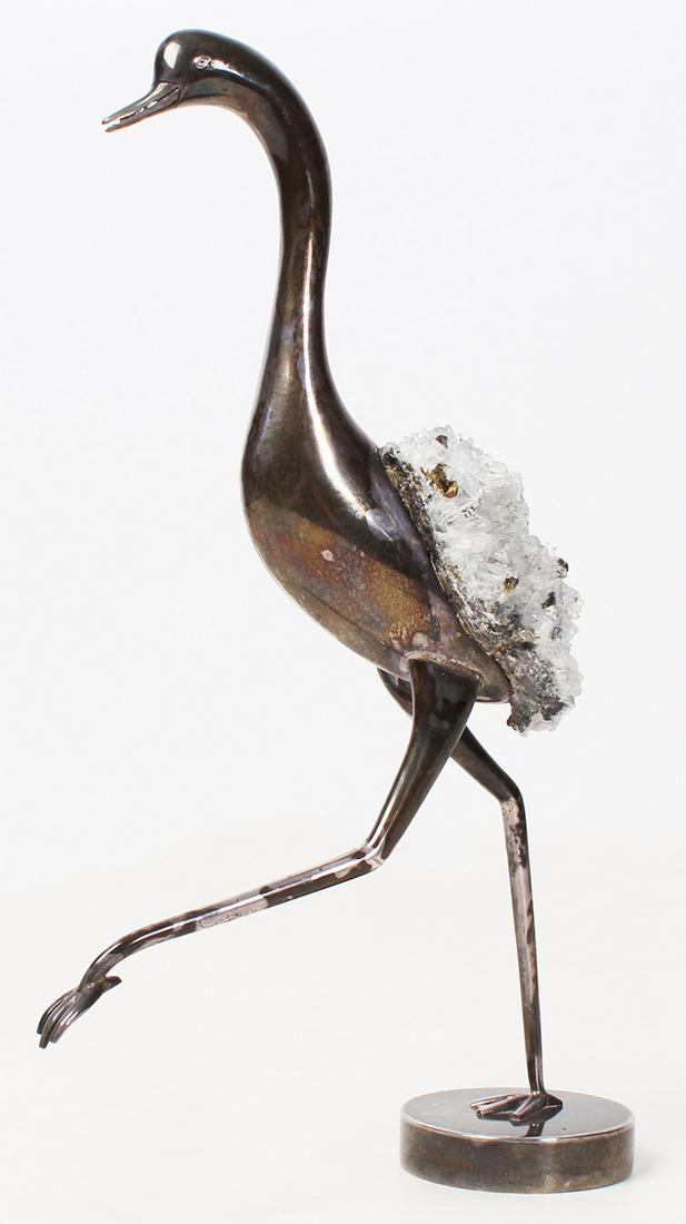 Decorative Arts: Brazilian Grupo Gal: FLAMINGO, silver statue with quartz crystal cluster, hallmarked and stamped 0936 925 underneath, 9 ½ x 2 ½ x 5 ¾”.