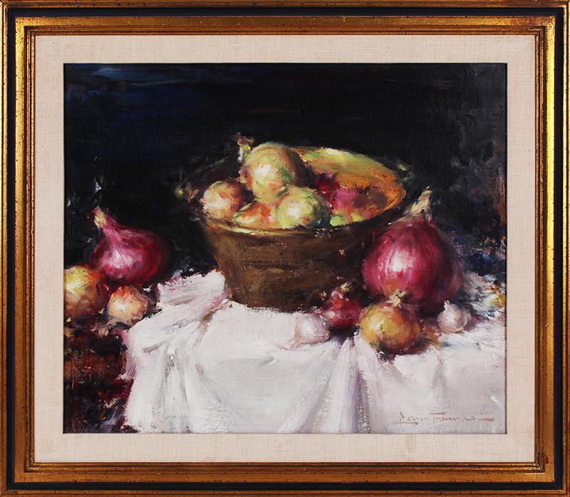 Leon Franks (1914-1970) Canada American: STILL LIFE, oil painting on panel, signed lower right, 17 ½ x 21”, frame 23 x 26 ½”. Comes with a Walter Foster â€œHow to Paint” book by Leon Franks.