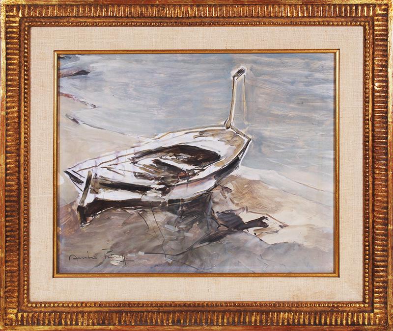 French Artist Unidentified (20 th Century): BOAT, 1953, oil painting on Masonite, signed lower left, signed and dated on the verso, 13 ¼ x 16 ¼”, frame 19 ½ x 22 ½”.