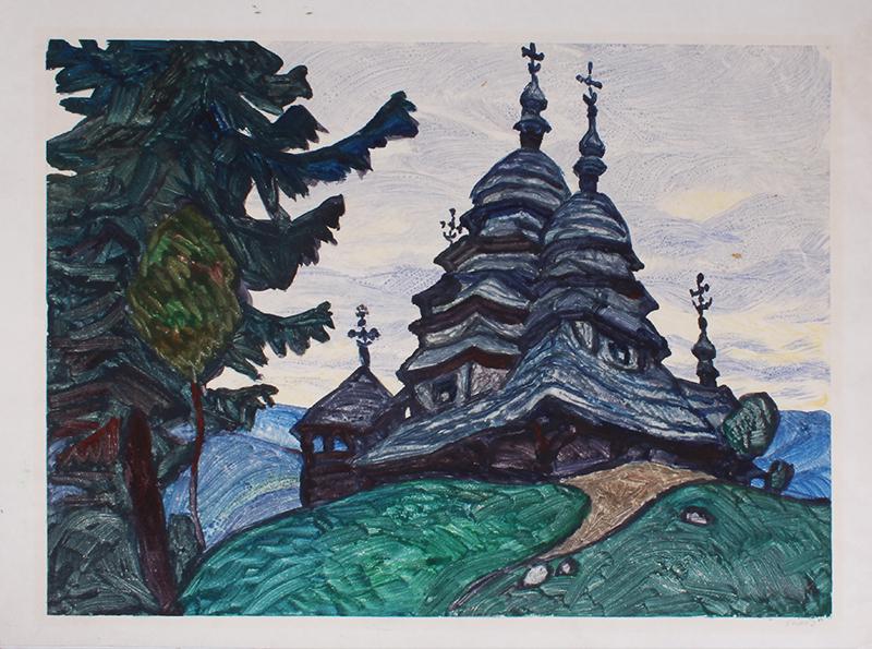 Himich (20 th Century) Russian: BOYKOVSKA WOODEN CHURCH, CARPATHIAN MOUNTAINS, UKRAINE, color monotype, signed in pencil lower right, titled on verso, image 19 ¾ x 27”, sheet 23 x 32 ½”.