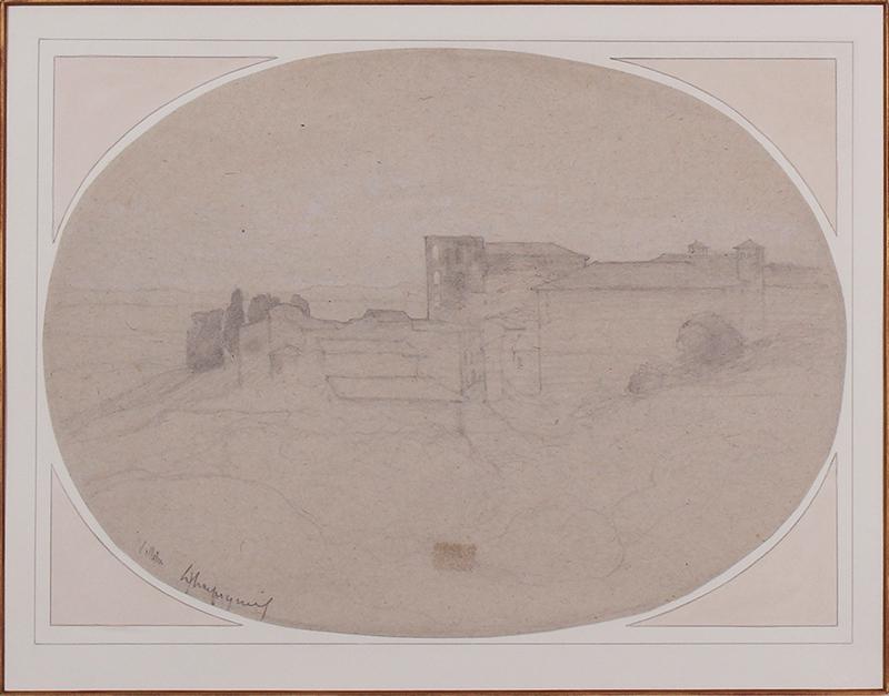 Henri-Joseph Harpignies (1819-1916) French: VELLETRI, pencil drawing on paper oval mounted to card, inscribed lower left, oval 10 ¼ x 14”, frame 22 ½ x 26” with Plexiglas. Provenance: Pasquale Iannetti Art Galleries In