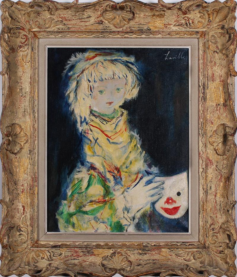 Henri Laville (1916-1995) French: YOUTH WITH MASK 1954, oil painting on canvas, signed and dated upper right, 18 x 15”, frame 26 x 22 x 2”.