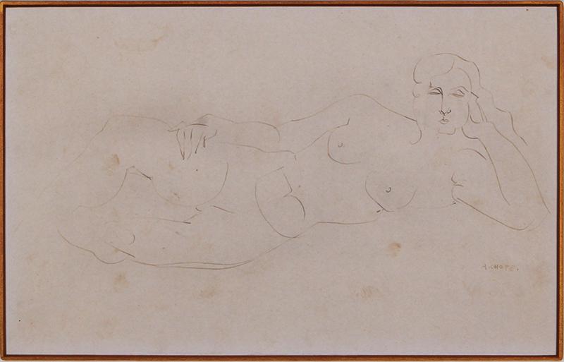 Andre Lhote (1885-1962) French: RECLINING NUDE, pen and ink drawing on paper mounted to card, signed in ink lower right, sight 7 ¼ x 11 ¼”, frame 16 x 20” with Plexiglas. Purchased from Butterfields & Butte
