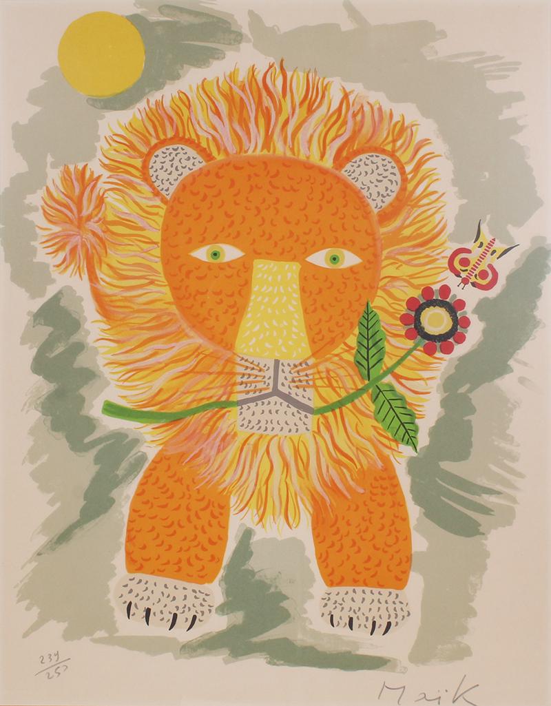 Henri Maik (1922-1993) French: LION WITH FLOWER, color lithograph, signed and numbered 239/250 in pencil, sight 25 x 19 ½” frame 30 ¾ x 25 ¼” with glass.