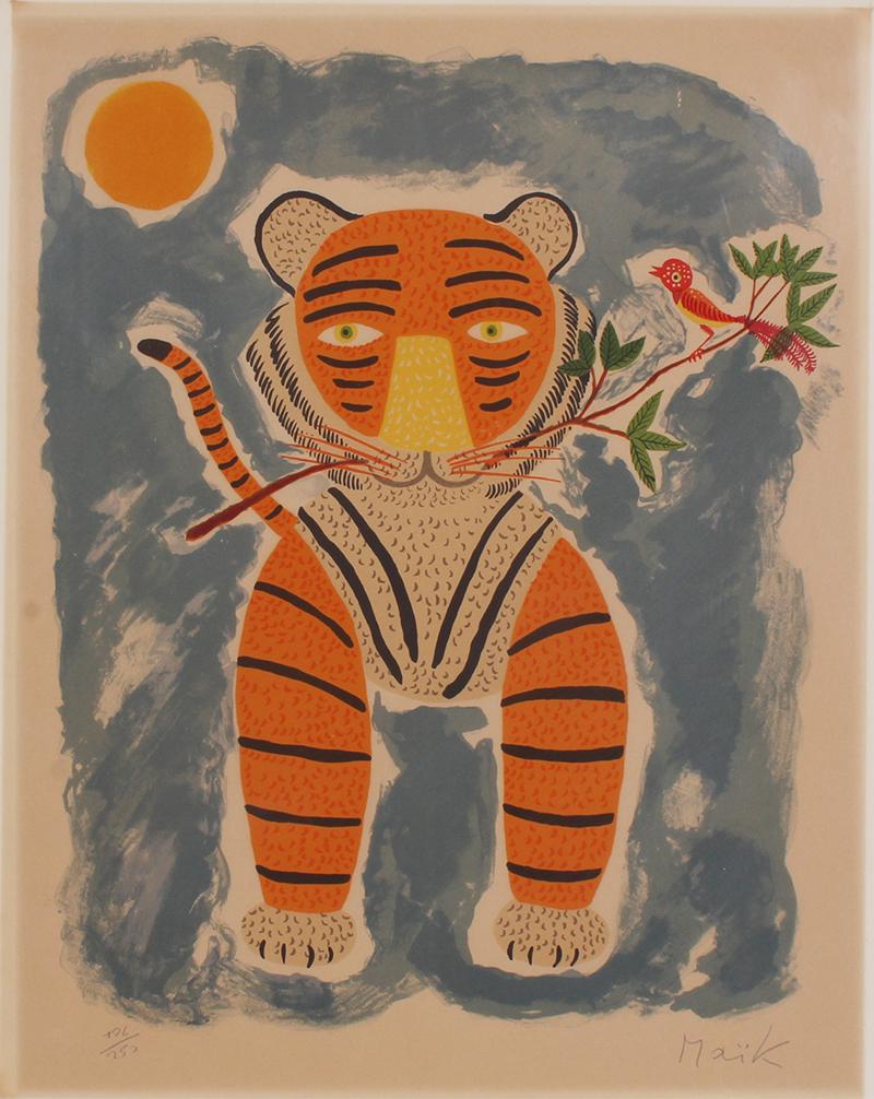 Henri Maik (1922-1993) French: TIGER WITH FLOWER, color lithograph, signed and numbered 126/250 in pencil, sheet 29 x 21 ½”, frame 32 ½ x 26” with glass.