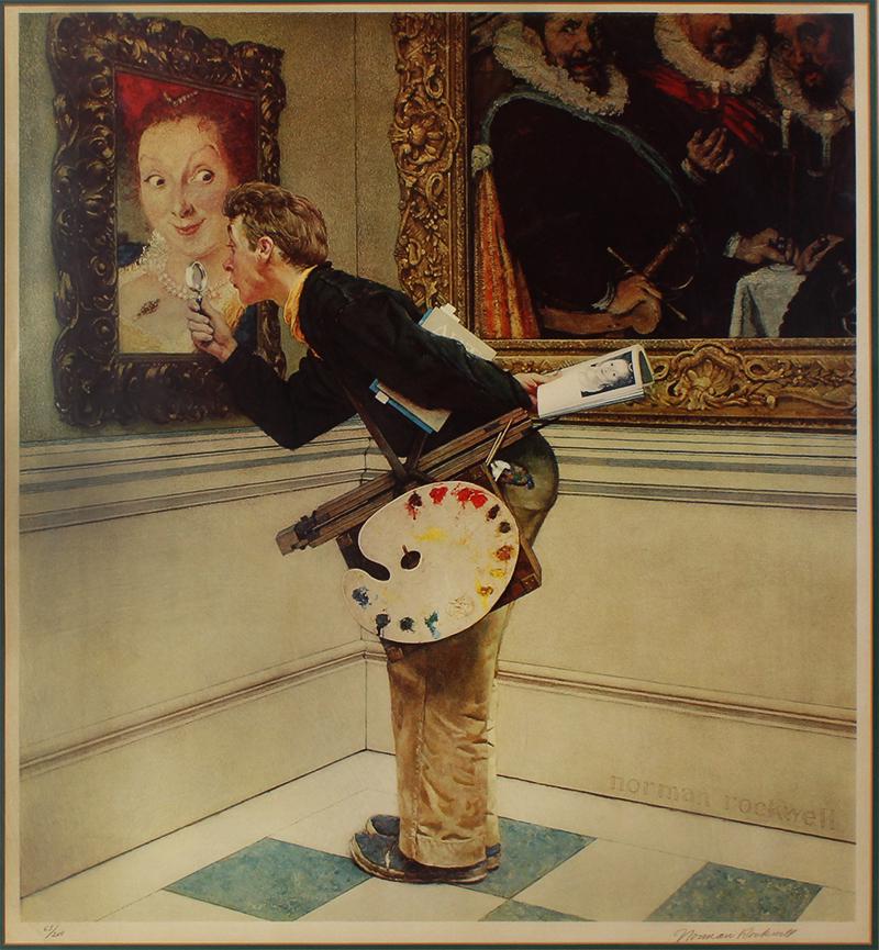 Norman Rockwell (1894-1978) American: THE CRITIC, 1972, color lithograph, signed and numbered 63/200 in pencil, published by Circle Gallery, image 28 x 25 ½”, full margins, frame 37 ¾ x 35 ½” with glass.