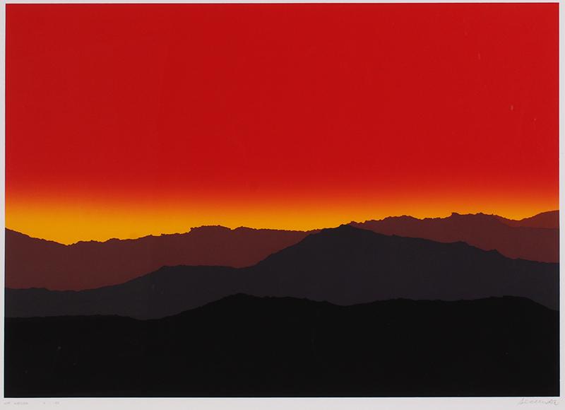 Arthur Secunda (1927-2022) American: HOT HORIZON, color screenprint, signed and numbered 8/150 in pencil, image 24 x 34”, full margins, frame 34 ½ x 43 ¾” with Plexiglas.