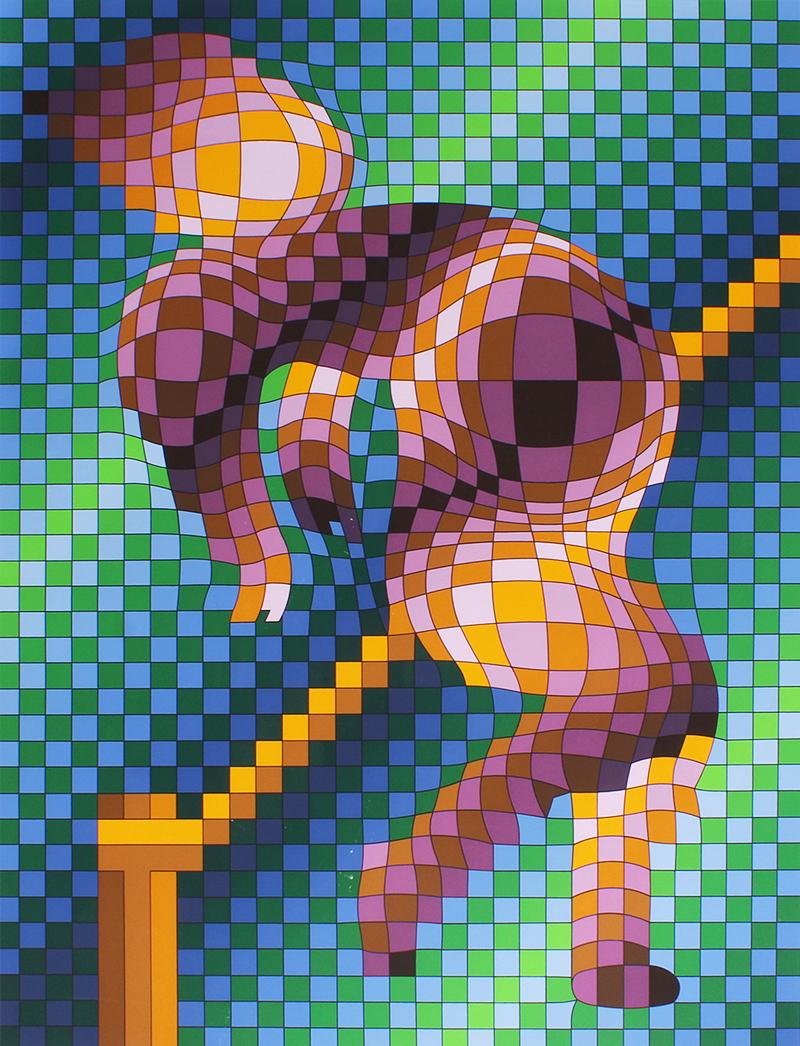 Victor Vasarely (1908-1997) Hungarian: THE JUMPER, color screenprint with silver margins, signed and numbered 165/200 in pencil, image 32 x 23 ½”, sheet 36 x 28 ½”.