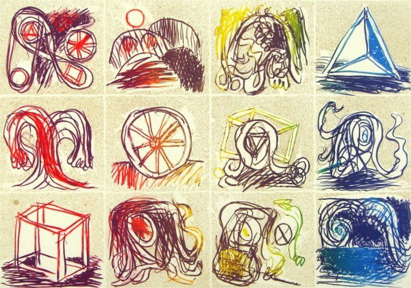 Pierre Alechinsky (b. 1927) Belgium: UNTITLED (Twelve Squares), color lithograph, signed in pencil, from the numbered edition 100, published by London Arts, blindstamp lower left, sheet 21 ½ x 29 ½”, crease upper left corner, a few s