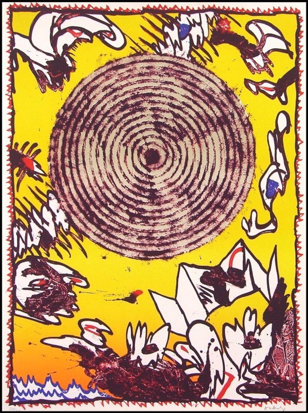 Pierre Alechinsky (b. 1927) Belgium: UNTITLED (Target In Yellow), color lithograph, signed in pencil, from the numbered edition 300, sheet 30 x 22”.