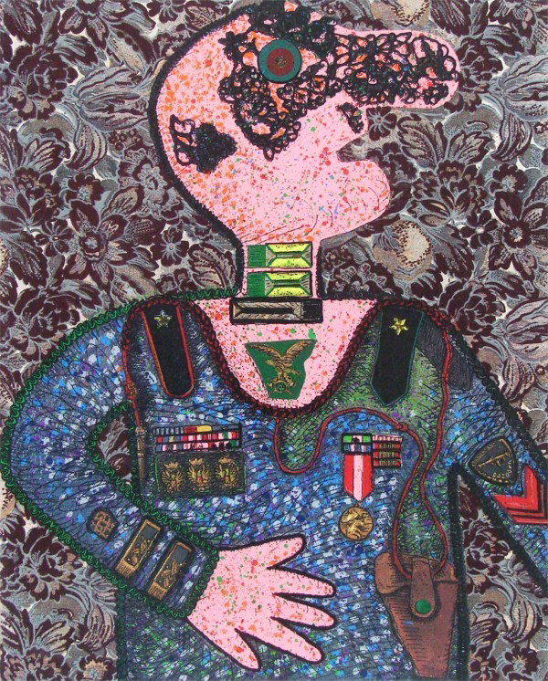 Enrico Baj (1924-2003) Italian: GENERAL BAZOOKA, color screenprint with flockage, signed in pencil, from the numbered edition 250, image 30 x 23 ¾”, full margins, soft handling creases, small indent on verso not visible on recto,
