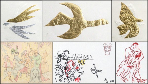 After Georges Braque (3) & Jean Cocteau (3) (six): after Georges Braque by Lowenfeld, LES TROIS GRACE; THYRIA; TITHONOS; three intaglios with 23K gold and silver leafing, each signed in pencil by Lowenfeld, each with a Braque blindstamp and publishers