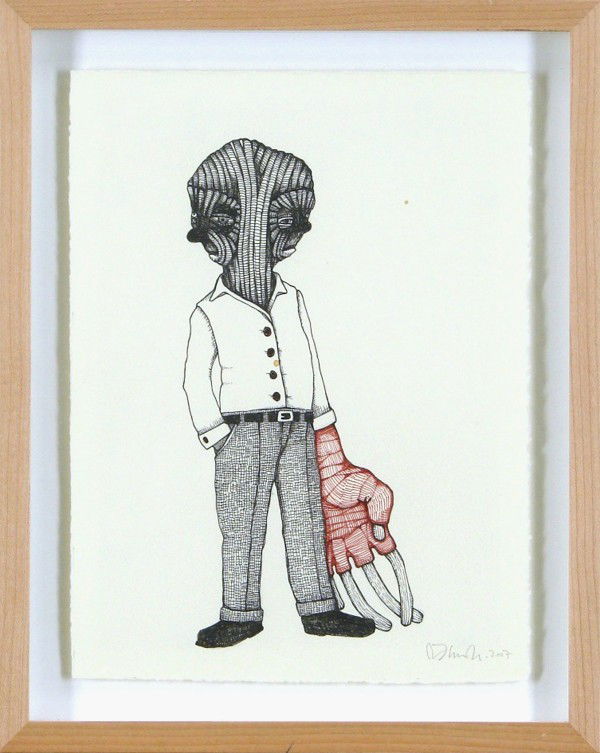 John Casey (20/ 21st Century) Californian: DOUBLE STANDARD, 2007, pen & ink drawing on paper, signed and dated lower right, 12 x 9”, framed with glass, two small studio spots, otherwise in good condition.