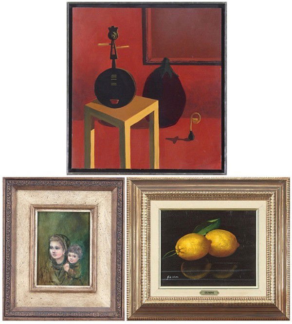 Cherry, Janet O’Leary & Gusini (three): Cherry, SURREALIST STILL LIFE, oil painting on board, signed lower right, 14 ¼ x 13”; Gusini, LEMONS, oil painting on canvas, signed lower left, 8 x 10”, with craquelure; Janet O’ Leary, MOTHER