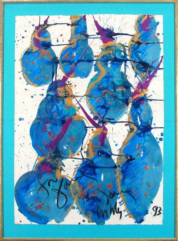 Dale Chihuly (b. 1941) American: UNTITLED BLUE & GOLD, 1993, acrylic and metallic painting on paper, signed lower right, inscribed lower center, 41 ¼ x 29”, framed with glass, in good studio condition as received directly from art