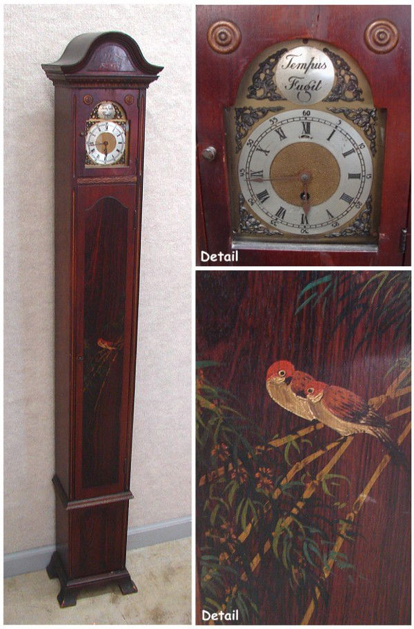 German Grandmother Clock: A Colonial Winterhalder Grandmother Tempus Fugit clock, 65 ½” x 10” x 7”, with keys for clock and cabinet, brass dial, panel front with three shelves, painted motif of birds on branches, not kn