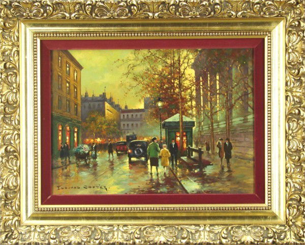 In the style of Edouard Cortes (1892-1969) French: STREET SCENE PARIS AT MADELEINE, oil painting on canvas, signed, 13 x 18”, framed, some surface soiling, otherwise in good condition.