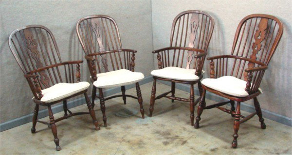 Furniture: Windsor Chairs (four): A group of four English Windsor wood chairs, all of similar design, with fabric cushions, one with two patches at rear-which are starting to lift, otherwise all in good used condition. (4) Please note