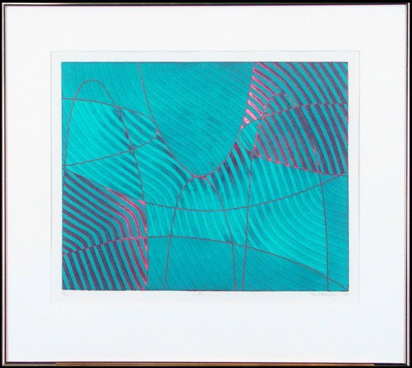 Stanley William Hayter (1901-1988) American: SADDLE (BM.347), 1970, color soft-ground etching, signed in pencil, from the numbered edition 100, image 17 ¼ x 21 ½”, full margins, framed, extremely pale mat lines from previous framing, couple 