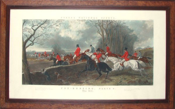 after J. F. Herring Sr. (1795-1865) British: FOX HUNTING, Plate 4, The Kill, 1852, aquatint etching with hand-coloring, engraved by J. Harris, plate 24 ¾ x 44 ¾”, full margins, published by Messrs. Fores, London, Burlwood frame with glass.