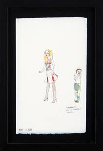 Peregrine Honig (b. 1976) American: CALIGYNEPHOBIA, 2005, ink & watercolor & silver highlight on paper, inscribed lower right, rubber stamped dated lower left, 11 ¼ x 6 ¾”, framed with glass.