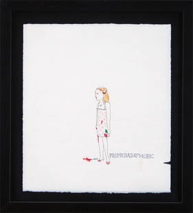 Peregrine Honig (b. 1976) American: PROMENADAPHOBIC, 2005, ink & watercolor on embossed paper, 11 ¼ x 9 ¾”, framed with glass.