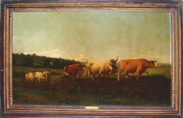 Hugh Bolton Jones (1848-1927) American: FARMERS TILLING THE FIELDS, oil painting on canvas, signed lower left, 30 x 50”, framed, lacquer heavily yellowed, re-lined, small losses upper right corner, some professional restoration, otherwise
