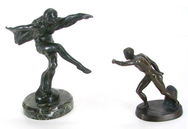 Max Le Verrier (1891-1933) French & Libert (two): Max Le Verrier, DANUSE, patinated bronze, signed, 5 ½” tall, on ¾” marble base; Libert, FIGHTING MAN (possibly lacking sword) bronze, signed, 4” tall. (2)