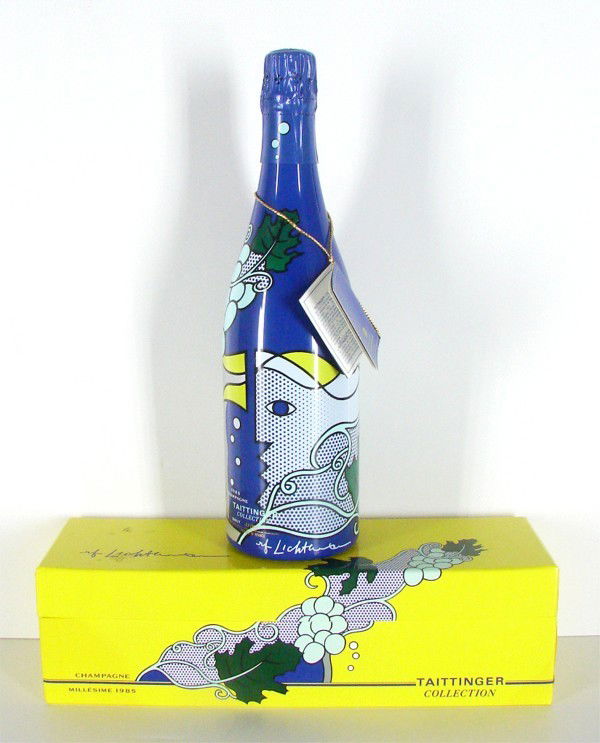Roy Lichtenstein (1923-1997) American: TAITTINGER COLLECTION, 1985 vintage, screenprinted plastic champagne bottle case with glass bottle inside, commissioned and printed by Reims, France, signature in design, unopened, box with staining o