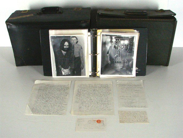 Charles Manson Vintage Hand-written letters & Cour: Two legal satchels once belonging to Irving Kanarek the defense attorney representing Charles Manson during what was to become known as Helter Skelter trial. Contents include: A binder with Eleven 8 �