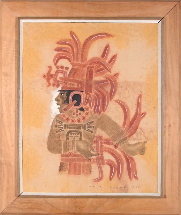 Dale Nichols (1904-1995) American: AZTEC, 1976, mixed media on canvas, signed and dated lower right, 30 x 24”, framed, surface soiling, minor discoloration, otherwise in good condition.
