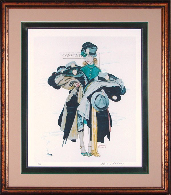 Norman Rockwell (1894-1978) American: CONVENTION (HAT CHECK GIRL), color collotype, signed in pencil, from the numbered edition 200, image 24 ½ x 19 ¾”, full margins, soft handling creases, colors might be slightly faded, framed with