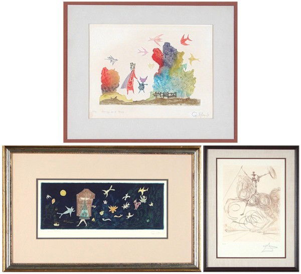 Guillermo Silva Santa Maria (b. 1921) Columbian &: PASEO NOCTURO, 1966; DOMINO EN EL PARKE, 1963, two color etchings, each signed in pencil, from the numbered editions A/41 & A/93, images 6 x 15 ½” & 7 ¼ x 9 ½”, both with light to mild toning;