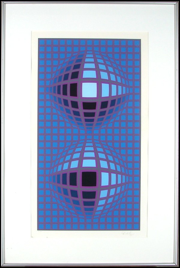 Victor Vasarely (1908-1997) Hungarian: UNTITLED (purple/blue globes), color screenprint, signed in pencil, from the numbered edition 325, image 34 ¾ x 18 ¾”, full margins, framed with glass, a few tiny speckles in margins, bug dirt in 