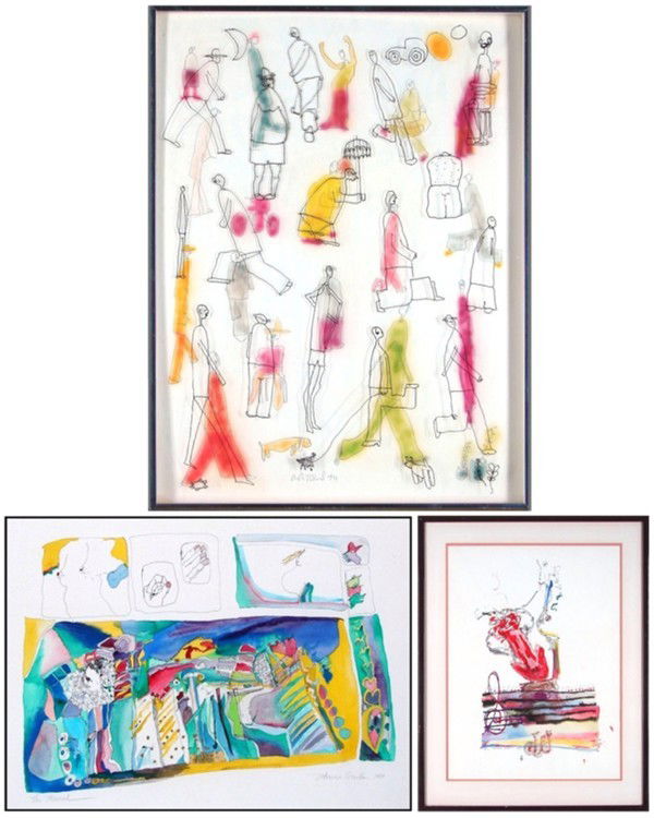 Robert Weil, Monica Sicile (2) & Vintage Rock N’ R: Robert Weil, PEOPLE, 1971, marker drawing on Plexiglas over pencil drawing with spray paint on card, signed and dated on card, 24 x 18 x 1 ¼”, framed; Monica Sicile, MURAL, 1984, watercolor on pape