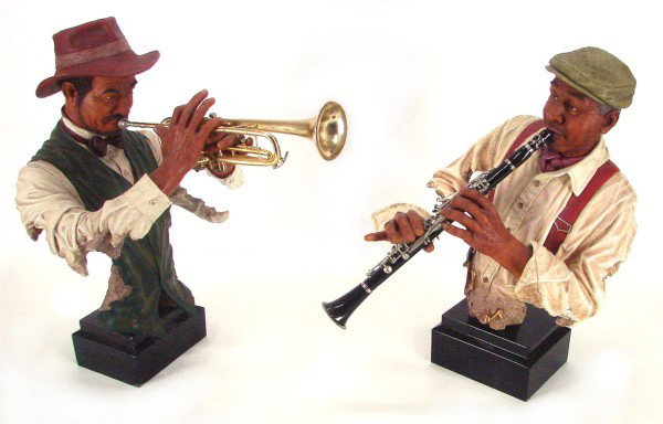Willitts Group (two): CLARINET PLAYER; TRUMPETER, 2001, two polychrome cast resin compound sculptures, both stamped, from the numbered editions 950, the first 20 ½” tall, the second 21 ½” tall including bases, Trumpe