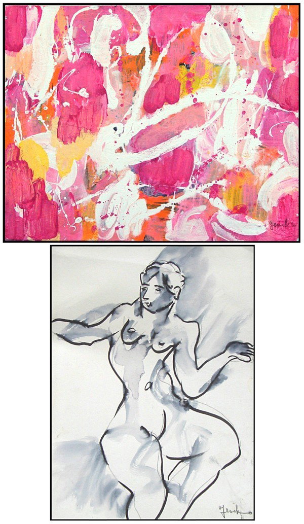 Jenek (20th Century) American/ Armenian (two): UNTITLED, acrylic painting on canvas, signed lower right, 16 x 20”; NUDE, watercolor on paper, signed lower right, 12 x 9”, both in good studio condition. (2)