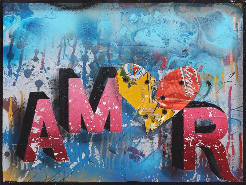 Galo (b. 1972) Street Artist: AMOUR, acrylic painting with aluminum can collage on board, signed on verso, 12 x 16 x 2”.