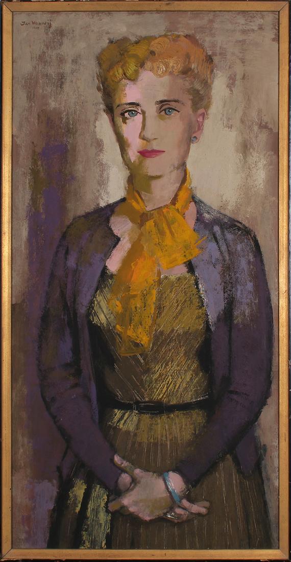 Jan Hoowij (1907-1987) California: MY MODEL, 1955, oil painting on board, signed and dated upper left, 36 x 18, frame 37 ¼ x 19 ¼”. From the UCLA Medical Center Art Program, funds to benefit their ongoing endeavors.